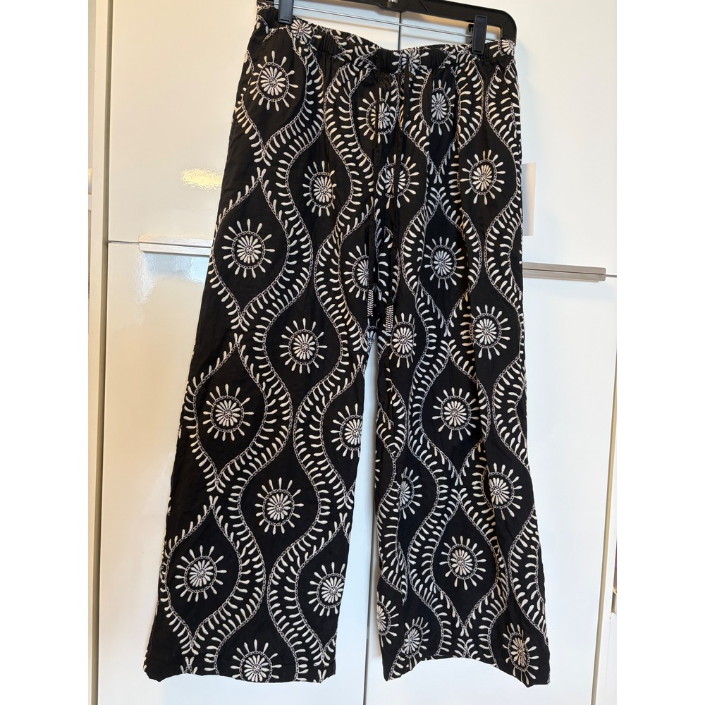 Joie Black White Embroidered Wide Leg Pants Beaded Tassel Drawstring Small NWT